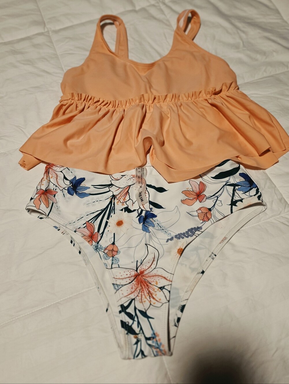 SHEIN Peach Ruffle One-Piece with White Floral Bottom